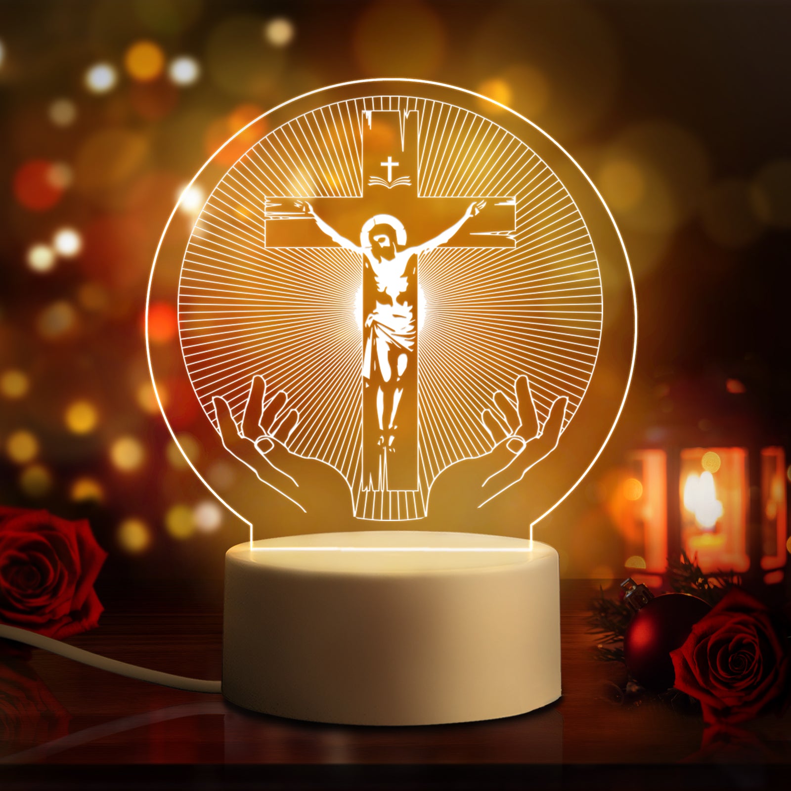 3D LED Night Light Lamp Blessing Jesus Rays The Cross Crucifix Visualisation